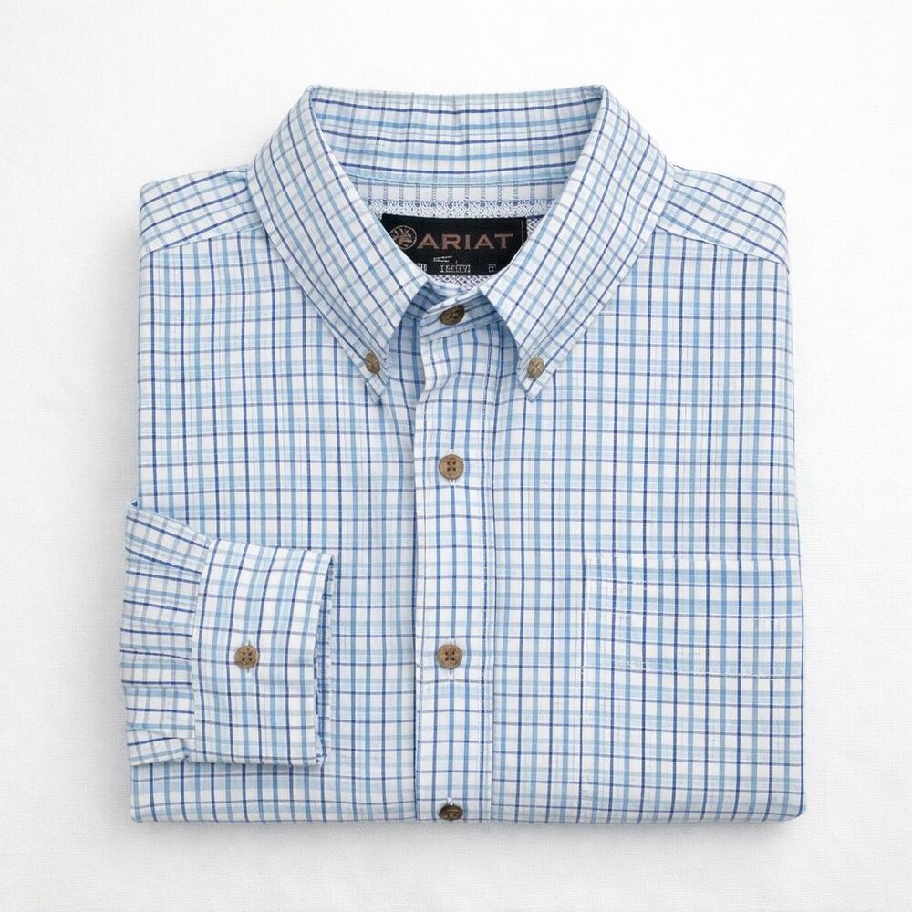 Ariat Men’s XL Long Sleeve Button-Up Shirt Light Blue Plaid 100% Cotton